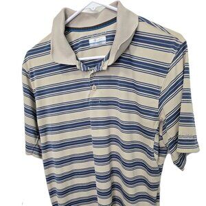 Columbia Polo Shirt Short Sleeve Tan Blue Stripe Mens Size Medium Golf Shirt